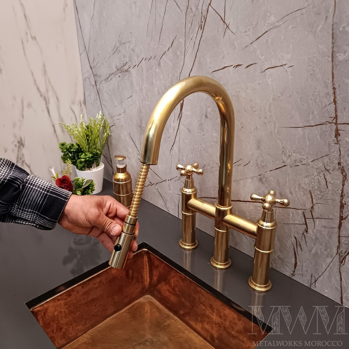 Brass Kitchen Bridge Faucet With Pull Down Sprayer