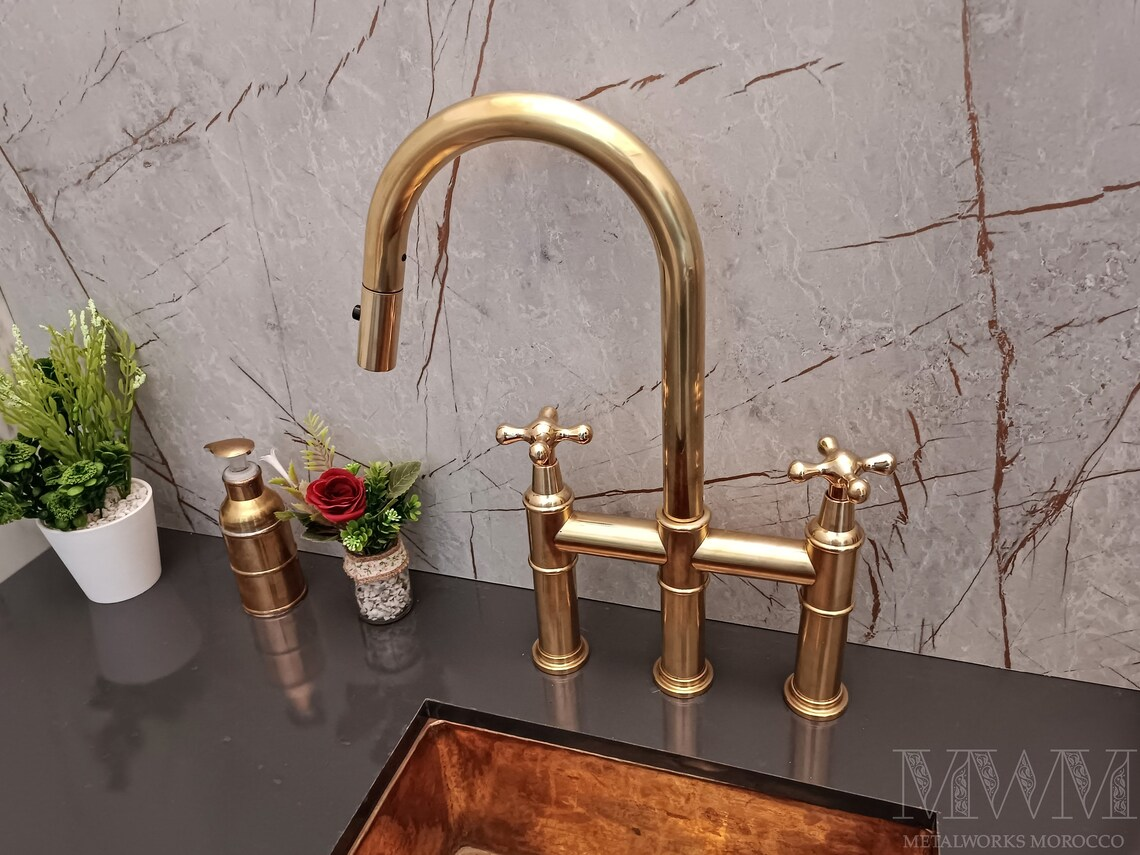 Brass Kitchen Bridge Faucet With Pull Down Sprayer