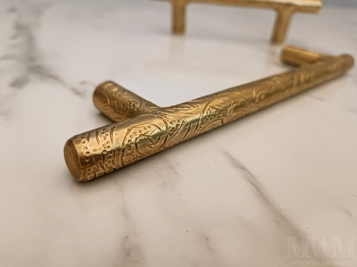 Moroccan Unlacquered Brass Appliance Pull Handmade Engraving