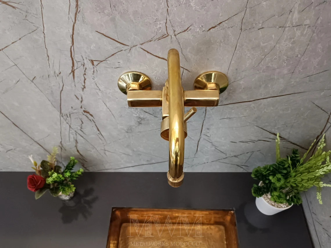 Rectangle Unlacquered Brass Wall Mounted Kitchen Faucet