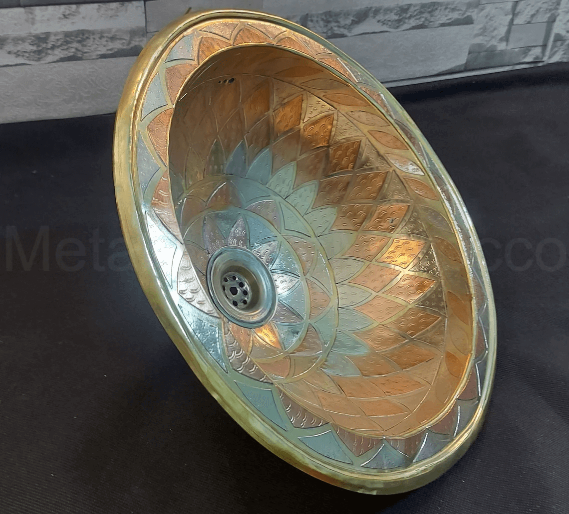 Unlacquered Brass Bathroom Sink Studded With Copper - 14 inch Handmade Drop in Sink