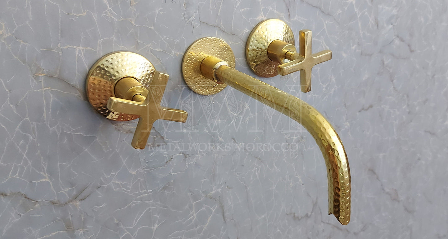 Brass Hammered Wall Mounted Bathroom Faucet With Curved Spout