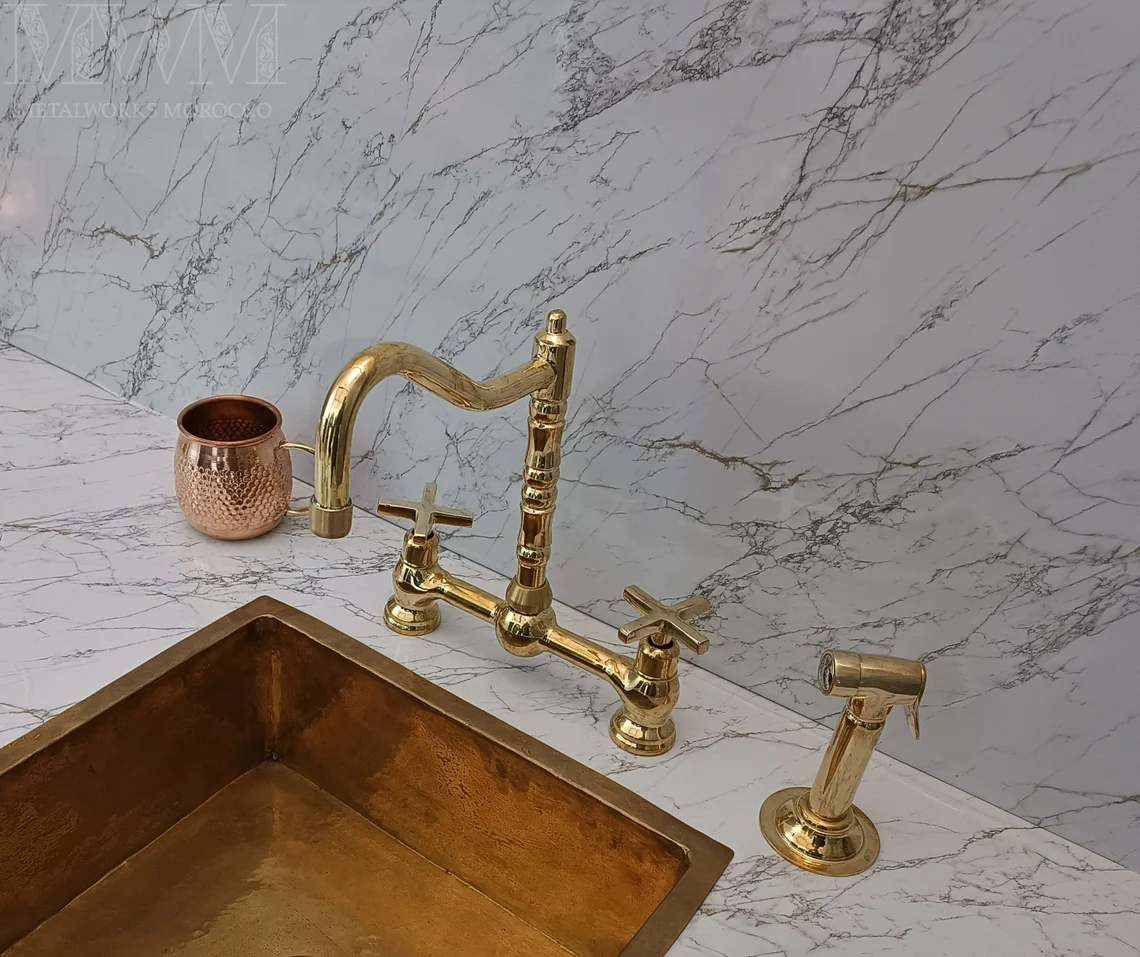 Unlacquered Brass Unique Bridge Faucet With Georgian Spout - Handmade Faucet